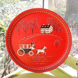 Vintage Red Decorative Plate with Carriage Design Colonial Style